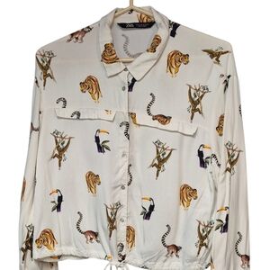 Zara Cream Animal Print Cropped Blouse Top Button Up